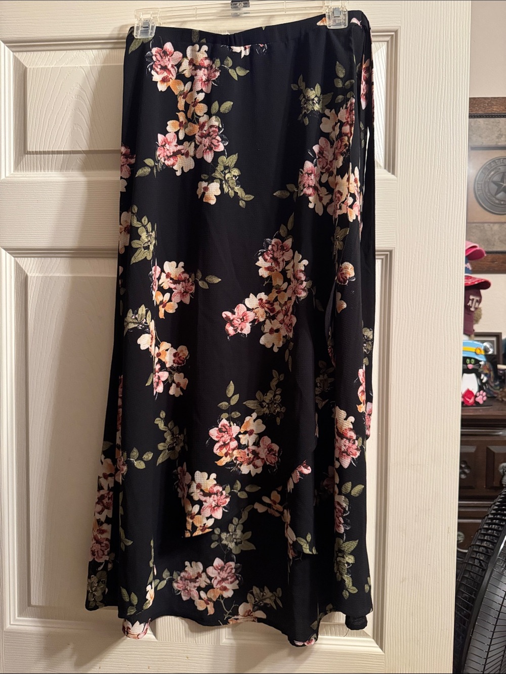 Black Floral Midi Skirt with Pink Blossoms